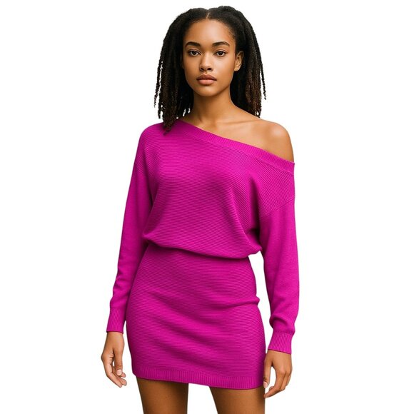 Ramy Brook Fuchsia Wool Sweater Dress NWT Size M – Off Shoulder Ribbed Knit Body - Picture 1 of 10